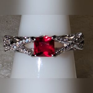 *BP #2497 Lab Deep Ruby & White Topaz Rhodium Band Size 6 Ring NWT